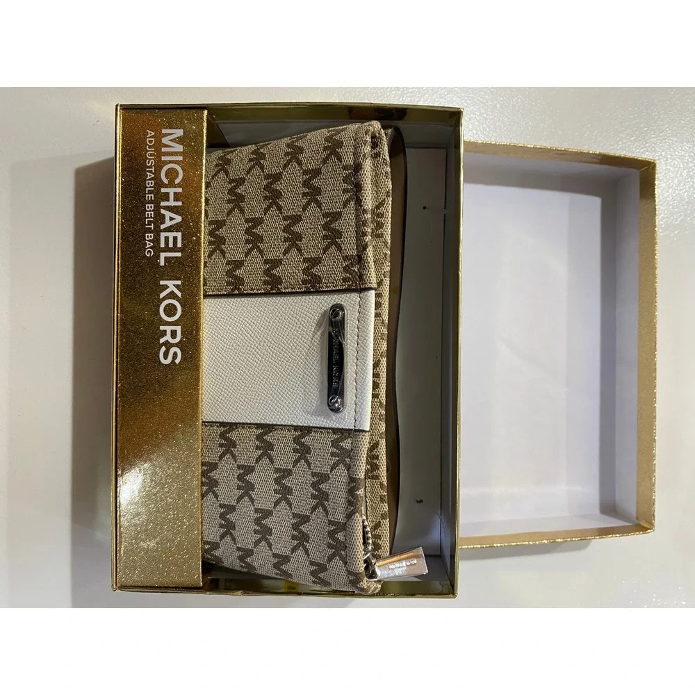 Michael Kors Brown Monogram White Panel Adjustable Belt Bag Fanny Pack S/M NEW